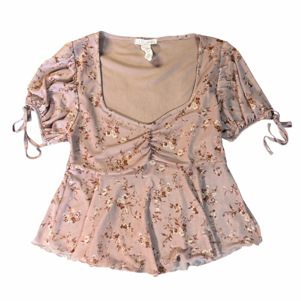Babydoll Top Y2K Floral Sheer Mesh Coquette Puff Sleeve M Kawaii Fairycore Soft